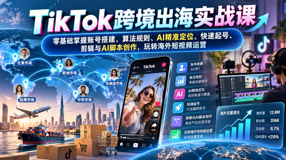 TikTok跨境出海实战课：零基础掌握账号搭建、算法规则、AI精准定位、快速起号、剪辑与AI脚本创作，玩转海外短视频运营-稀缺资源库