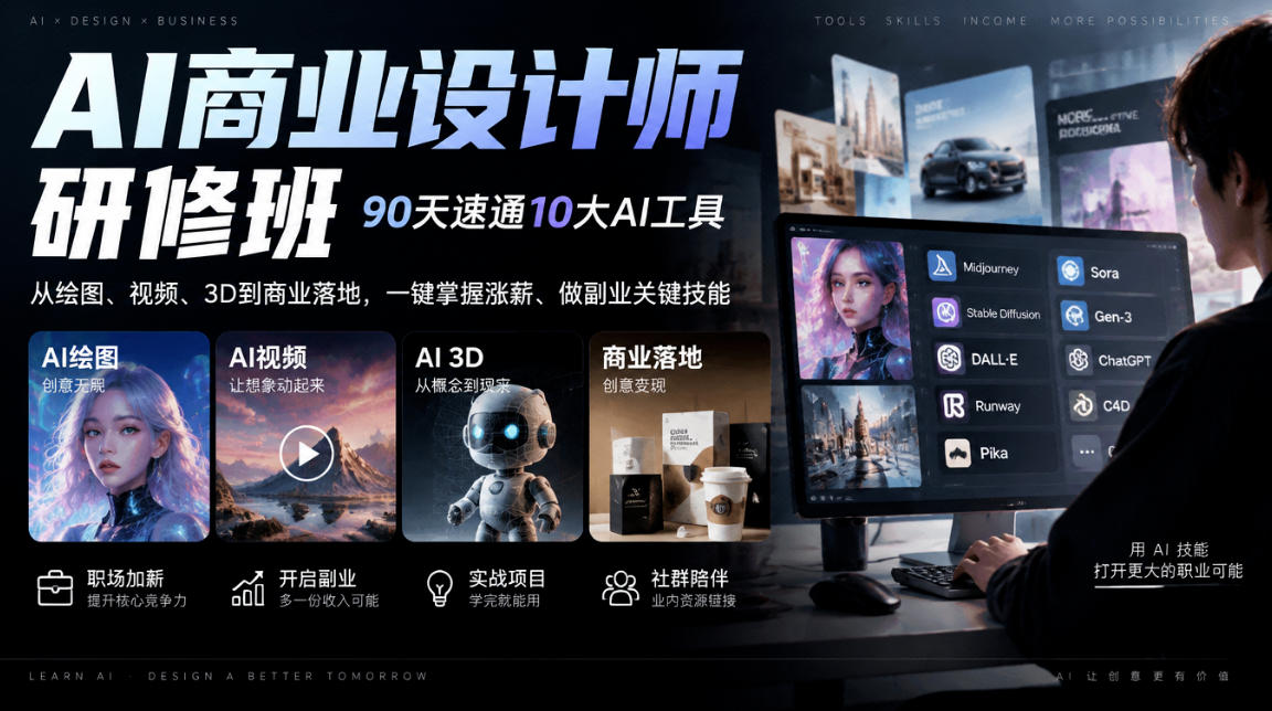 AI商业设计师研修班，90天速通10大AI工具，从绘图、视频、3D到商业落地，一键掌握涨薪、做副业关键技能-稀缺资源库