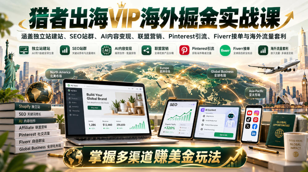 猎者出海VIP海外掘金实战课：涵盖独立站、SEO站群、AI变现、联盟营销、Pinterest引流、Fiverr接单与海外流量套利，掌握多渠道賺美金玩法-稀缺资源库