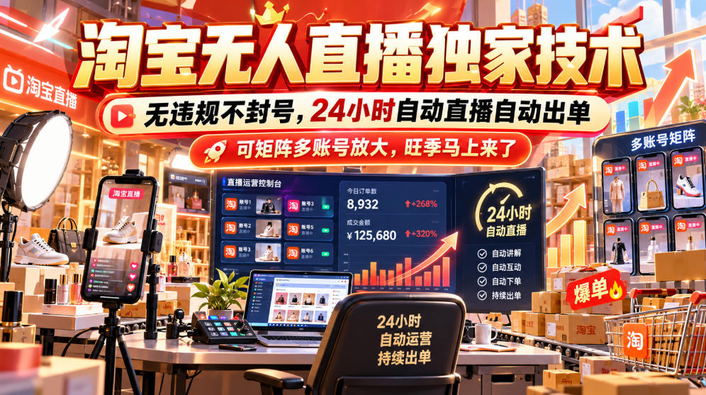淘宝无人直播独家技术，无违规不封号，24小时自动直播自动出单，可矩阵多账号放大，旺季马上来了【揭秘】-稀缺资源库