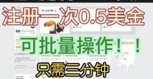 国外项目注册一次0.5美金，只需三分钟无脑操作，可批量同时放大操作，小白工作室福利【揭秘】-稀缺资源库