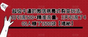 超级牛逼的微信病毒式裂变玩法，日引流500+精准流量，3天引流了400人赚了1500块【揭秘】-稀缺资源库