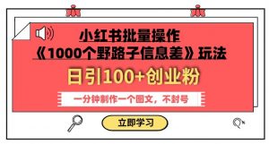 小红书批量操作《1000个野路子信息差》玩法,一分钟制作一个图文,不封号,日引100+创业粉-稀缺资源库
