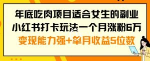 年底吃肉项目适合女生的副业小红书打卡玩法一个月涨粉6万+变现能力强+单月收益5位数【揭秘】-稀缺资源库