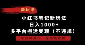 小红书笔记新玩法，日入1000+，多平台搬运变现（不违规），小白可操作，保姆级教程【揭秘】-稀缺资源库