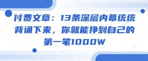 付费文章:13条深层内幕统统背诵下来,你就能挣到自己的第一笔1000W-稀缺资源库