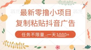 最新零撸小项目，复制粘贴抖音广告即可挣钱，平台大水，任务不限量，一天数张【揭秘】-稀缺资源库