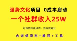 强势文化项目，一个社群收入25个W，0成本启动，可矩阵批量操作，原创详细实操教程-稀缺资源库