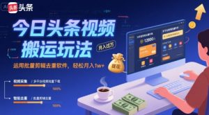 今日头条视频搬运玩法，运用批量剪辑去重软件，轻松月入1w+-稀缺资源库