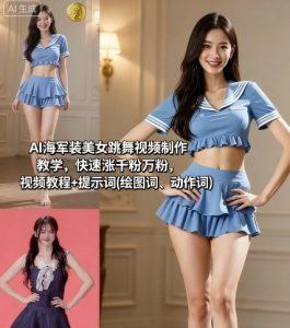 AI海军装美女跳舞视频制作教学，快速涨千粉万粉，视频教程+提示词(绘图词、动作词)-稀缺资源库