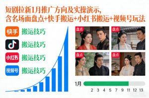 短剧拉新1月推广方向及实操演示,含名场面盘点+快手搬运+小红书搬运+视频号玩法-稀缺资源库