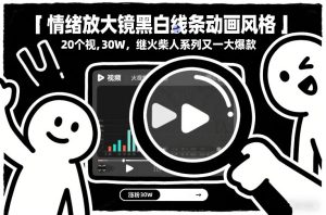 情绪放大镜黑白线条动画风格，20个视频，涨粉30W，继火柴人系列又一大爆款-稀缺资源库