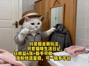 抖音掘金新玩法，可爱猫咪生活日记，日收益4张+新手可做，涨粉快流量稳，可一稿多平台-稀缺资源库