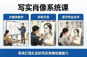 写实肖像系统课，全程分模块教学+多轮示范+逐节作业点评，系统打造扎实的写实肖像绘画能力-稀缺资源库
