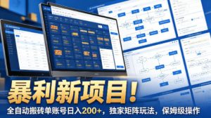 暴利新项目！全自动搬砖单账号日入200+，独家矩阵玩法，保姆级操作【揭秘】-稀缺资源库