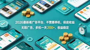 2026最新看广告平台，不需要养机，保底收益，无限广告，多机一天200+，收益稳定【揭秘】-稀缺资源库