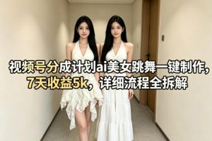 视频号分成计划ai美女跳舞一键制作，7天收益5k，详细流程全拆解-稀缺资源库