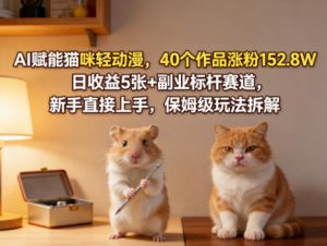 AI赋能猫咪轻动漫，40个作品涨粉152.8W，日收益5张+副业标杆赛道，新手直接上手，保姆级玩法拆解-稀缺资源库