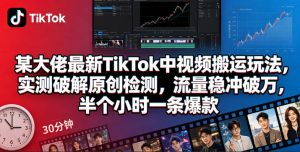 某大佬最新TikTok中视频搬运玩法,实测破解原创检测,流量稳冲破万,半个小时一条爆款-稀缺资源库