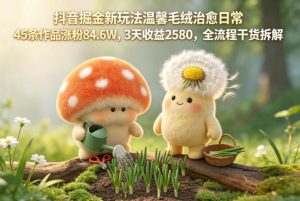 抖音掘金新玩法温馨毛绒治愈日常,45条作品涨粉84.6W,3天收益2580,全流程干货拆解-稀缺资源库