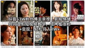 抖音53W粉丝博主亲授｜影视情绪共鸣混剪短视频教学，低门槛涨粉+变现，轻松月入1W+-稀缺资源库