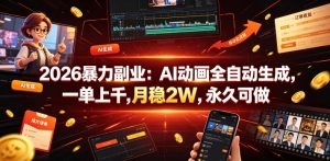2026暴力副业：AI动画全自动生成，一单上千，月稳2W，永久可做【揭秘】-稀缺资源库