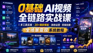 0基础AI视频全链路实战课|多工具实操・20+爆款模板・涨粉运营・剪辑拍摄・全场景变现系统教程-稀缺资源库