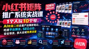 小红书矩阵推广系统实战课|1个人玩10个号,AI批量二创去重产出爆款笔记,吃透平台算法、SEO占位、安全导流,放大全域免费流量-稀缺资源库