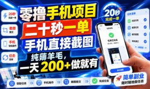 零撸手机项目,二十秒一单,手机直接截图,纯薅羊毛,一天200+做就有【揭秘】-稀缺资源库