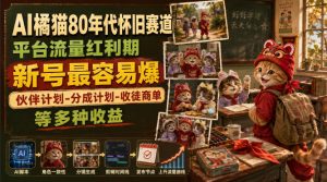 AI橘猫80年代怀旧赛道,平台流量红利期,新号最容易爆,伙伴计划-分成计划-收徒商单等多种收益-稀缺资源库