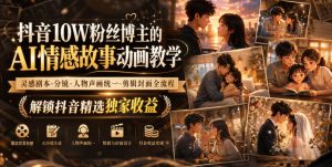 抖音10W粉丝博主的AI情感故事动画教学，灵感剧本‑分镜‑人物声画统一‑剪辑封面全流程，解锁抖音精选独家收益-稀缺资源库