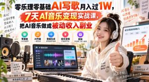 零乐理零基础AI写歌月入过1W，7天AI音乐变现实战课，把AI音乐做成被动收入副业-稀缺资源库