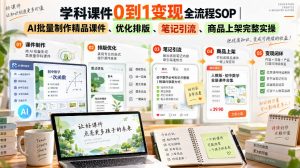 学科课件0到1变现全流程SOP|AI批量制作精品课件、优化排版、笔记引流、商品上架完整实操-稀缺资源库
