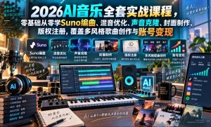 2026AI音乐实战课程，零基础从零学Suno编曲、混音优化、声音克隆、版权注册，覆盖多风格歌曲创作与账号变现-稀缺资源库