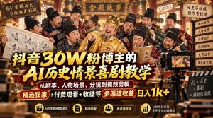 抖音30W粉博主的AI历史情景喜剧教学，从剧本、人物场景、分镜到视频剪辑，精选独家+付费观看+收徒等多渠道收益日入1k+-稀缺资源库
