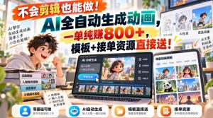 不会剪辑也能做！AI全自动生成动画，一单纯賺800+，模板+接单资源直接送！【揭秘】-稀缺资源库