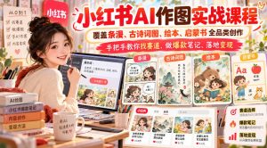 小红书AI作图实战课程,覆盖条漫、古诗词图、绘本、启蒙书全品类创作,手把手教你找赛道、做爆款笔记、落地变现-稀缺资源库