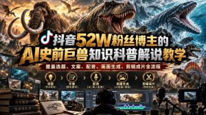 抖音52W粉丝博主的AI史前巨兽知识科普解说教学,覆盖选题、文案、配音、画面生成、剪辑成片全流程-稀缺资源库
