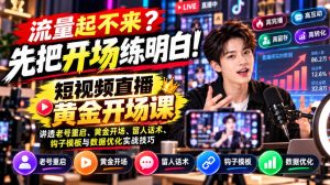 【无水印】流量起不来？先把开场练明白！短视频直播黄金开场课，讲透老号重启、黄金开场、留人话术、钩子模板与数据优化实战技巧-稀缺资源库