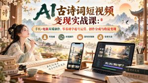 AI古诗词短视频变现实战课：手机+电脑双端制作，零基础学起号运营、创作分成与收徒变现-稀缺资源库