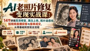 AI老照片修复变现实战课：14节掌握高清修复、黑白上色、照片动态化、短视频直播获客与接单成交，从零基础到变现全流程-稀缺资源库