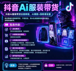 抖音AI服装带货全套教程，不靠真人出镜，利用AI批量制作服装带货短视频，打通选品、AI提示词调教、起号涨粉全流程-稀缺资源库